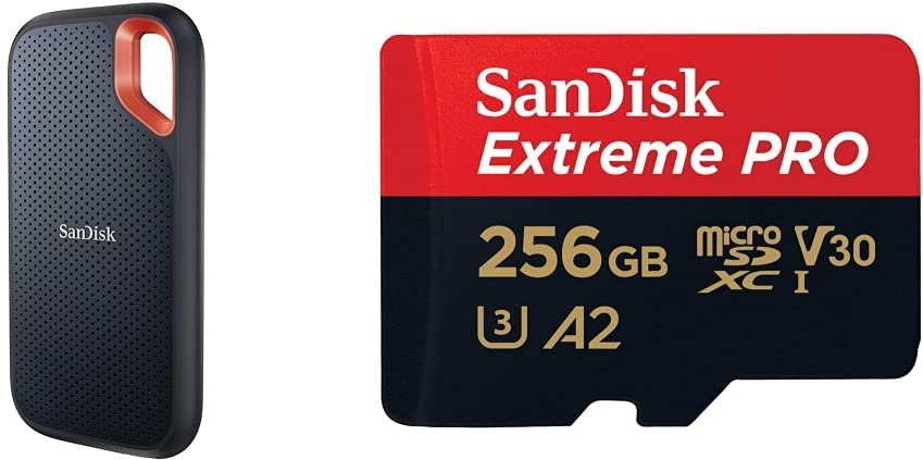 SanDisk Extreme Portable SSD 500 GB Schwarz & Extreme PRO microSDXC UHS-I Speicherkarte 256 GB + Adapter & RescuePRO Deluxe (Für Smartphones, Actionkameras oder Drohnen, A2, Class 10, V30, U3)
