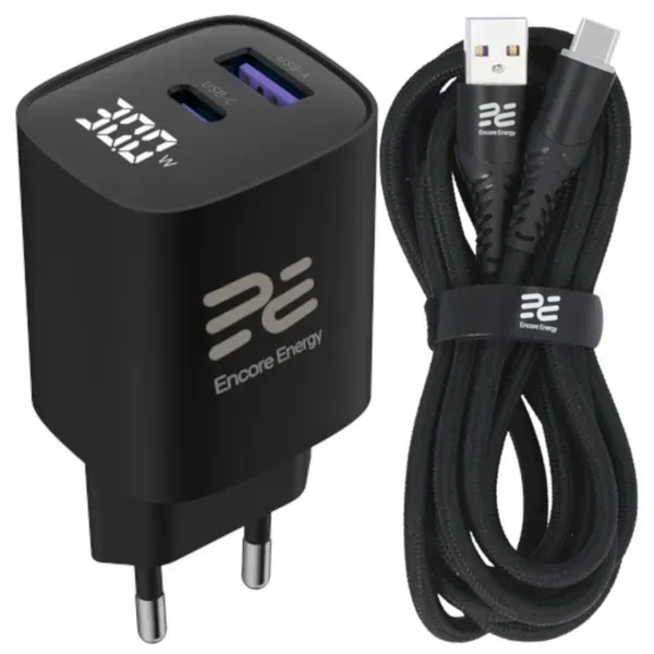 Neues Netzteil Encore Energy GaN QC 4 PD 3.0 USB-A USB-C 30W GaN-3083R mit Display + USB-A USB-C Kabel 2m