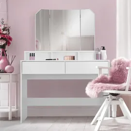 ML-Design - Schminktisch, Frisiertisch Mit 3-tlg. Klappspiegel Und 2 Schubladen, 100 X 40 X 140 Cm, Weiß, Modern, Kosmetiktisch Mit 3 Offenen Fächern, Frisierkommode Schminkkommode Kommode Make-up Tisch