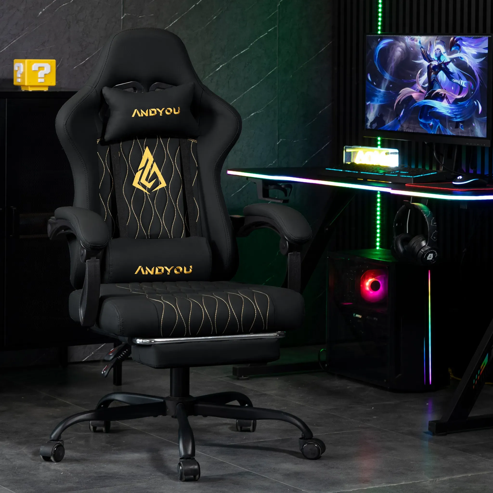 ANDYOU Series Gaming Chair with Footrest – Ergonomic PU Leather Computer Chair, Black