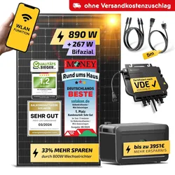 Balkonkraftwerk mit Speicher, 880W/800W Solaranlage Steckerfertig WIFI Komplettset Photovoltaik Anlage 800W, Kabellänge: 5m