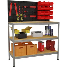 ar shelving Werkstattregal inkl. Werkzeugwand & Kästen Stahl 132 x 104 cm 3 Holzböden 900 kg