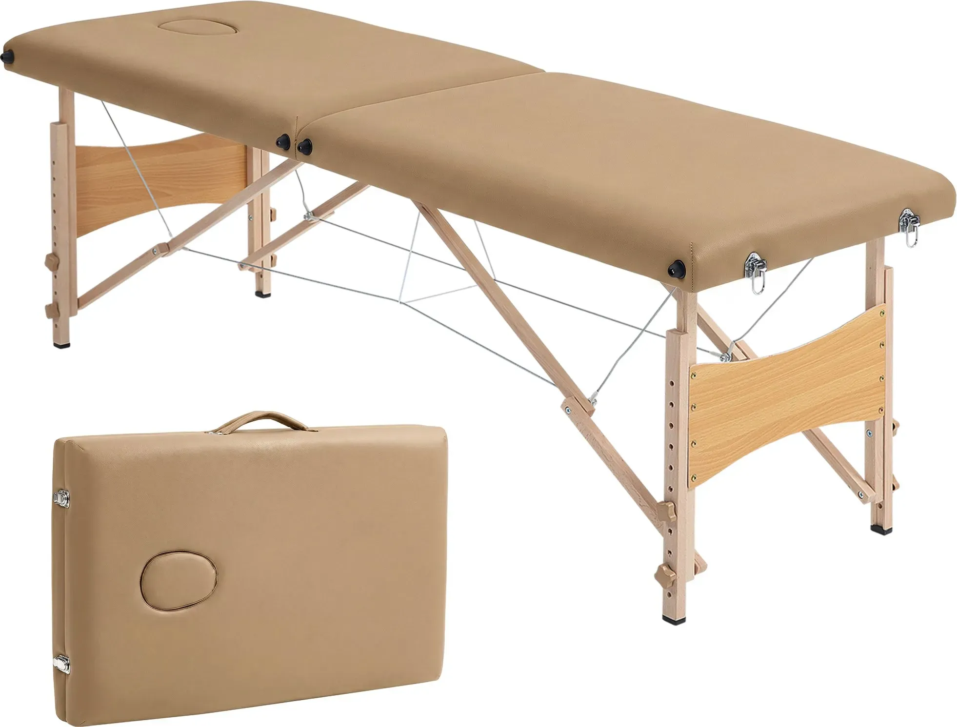 HOMCOM Massageliege klappbar Tragbarer Massagetisch mit Kopfstütze Holzrahmen Physiotherapie-Liege höhenverstellbar mit Transporttasche 186x60x61-87 cm Hellbraun   Aosom