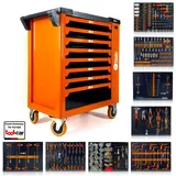 Toolcar Werkzeugwagen Werkstattwagen 8 Schubladen, 8 befüllt, bestückt, gefüllt - Orange, abschließbar, kugelgelagerte Rollen, Chrom-Vanadium-Stahl, stabil, max. Traglast:50 kg, 279-tlg. Werkzeugset, (Steck-/Ringschlüssel, Ratschen, Torx, Schraubendreher, Zangen, 279-tlg., EVA-/Schaum-Einlagen, logisch sortiert, schneller Zugriff), Arbeitsplatte PP, Kantenschutz, Griff, 2 Lenkrollen mit Stop orange