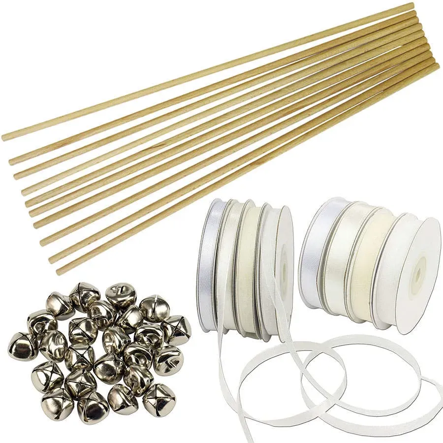 trendmarkt24 Zauberstäbe 48 Stück Hochzeit Wedding Wands 50cm lang DIY Glocken 200m Band Glücksstäbe