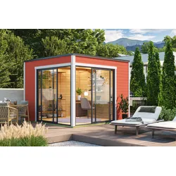 Gartenhaus NORDIC HOLZ "Palermo 3", rot (schwedenrot), Fußboden im Gartenhaus, Massivholzdach, Holz, Gartenhäuser, mit großen Glasflächen