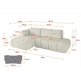 altdecor Ecksofa CLOUD-L Cord 2-Sitzer Creme/Weiß
