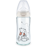 NUK Disney Winnie Puuh First Choice+ Glas-Babyflasche mit Temperature Control, kiefergerechter Trinksauger, 240ml, 0-6 Monate, grau