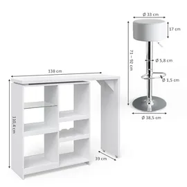 Vicco Bartisch-Set Weiß, 138 x 39 cm mit 2 Barhockern