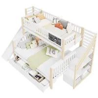 OKWISH Hochbett multifunktionales Kinderbett (Hausbett, Etagendoppelbett mit Rutsche und kleiner Tafel, 2 Schubladen, 140*200cm & 90*200cm, ohne Matratze) mit Graffiti-Brett, Treppe und Aufbewahrungsschränken