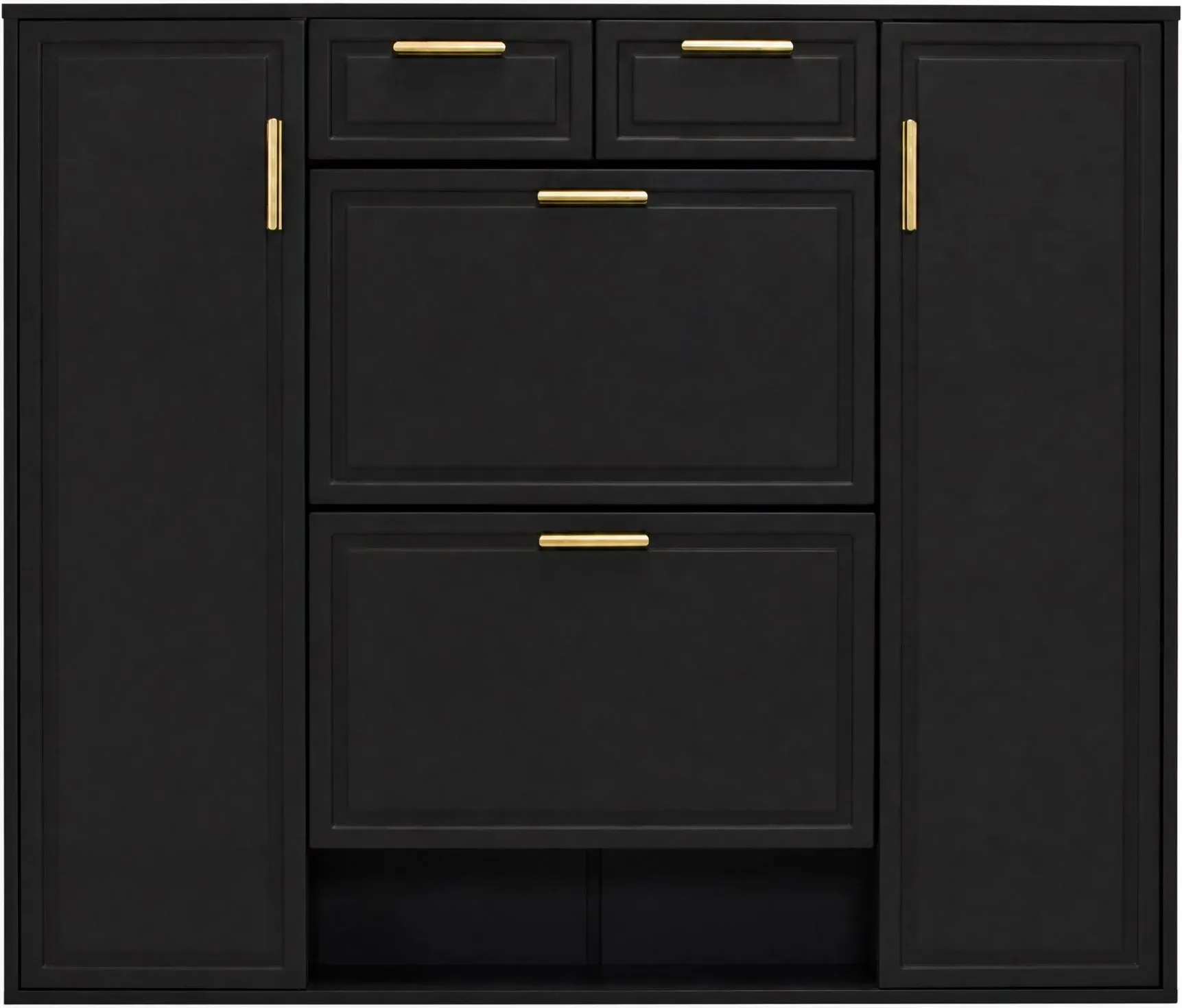Moderner Schuhschrank mit verstellbaren Einlegeböden, goldenen Griffen, 2 Schubladen, 120x24x107 cm, Schwarz