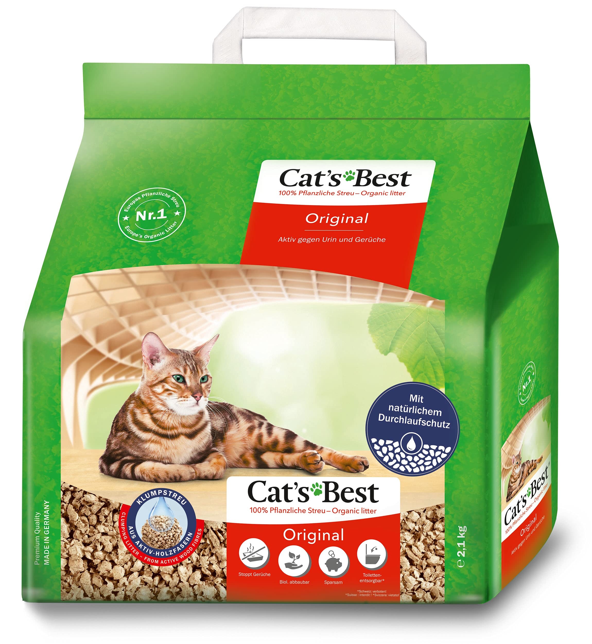 Cat's Best Original Katzenstreu, 100 % pflanzliche Katzen Klumpstreu mit maximaler Saugkraft – bekämpft Gerüche natürlich aktiv, 2,1 kg/5 l