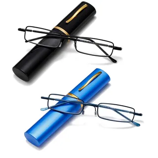 Viseng 2er Pack Mini Metall Lesebrille Schmale Ultraleichte Anti Blaulicht Lesebrille mit MetallEtui Stiftetui für Damen Herren 3.0