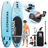 Bluemarina SUP-Board Aufblasbares Bluemarina SUP Board Moana inkl. 5 J. Garantie, Stand Up Paddle Board, (15 cm dick, 3 PVC Schichten, max 180 kg), Paddling board, Paddelboard, Surfboard, (D-Ringe - UV Resistentes PVC - Transportrucksack - Wasserabweisend - Rocker-Profil - 3-Finnen System - Rutschfest, bis 130 kg - Double Layer - 3-Finnen - Action-Cam-Halterung), Surfbrett - Surfboard - Paddelboard - Stand Up Paddle blau|schwarz 325x85x15 | 325 cm