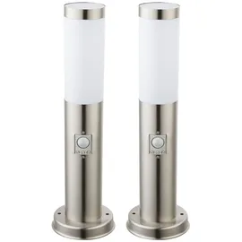 ETC Shop Sockelleuchte E27 Stehlampe Garten Außenleuchte Bewegungsmelder, IP44, Sensor, Edelstahl silber opal, 1x E27 Fassung, DxH 7,6x45cm, 2er Set