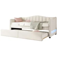 OKWISH Schlafsofa Tagesbett Polsterbett mit ausziehbarem Kinderbett und Leinenbezug, Einzelbett im minimalistischen Stil, inkl. Ambiente-Licht, ohne Matratze beige