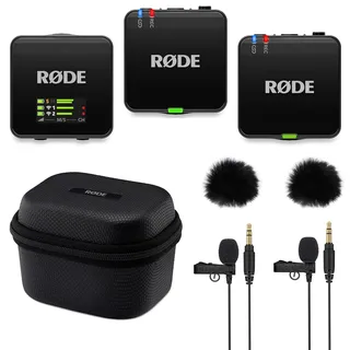 Rode Wireless GO Gen 3 Drahtloses 2-Kanal Mikrofon-Funksystem mit Charge Case + 2X Lavalier GO Mikrofon und 2X Fell-Windschutz