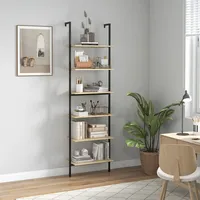 Wandmontiertes Leiterregal/bücherregal Im Industriestil Mit 6 Ablagen, Schwarzer Stahl In Holzoptik, Maße: 60 X 30 X 206 Cm (l X B X H)