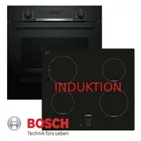 BOSCH Induktions Herd-Set Bosch Autark Einbau Backofen Schwarz und Kochfeld Induktion, mit 1-fach-Teleskopauszug, -EcoClean (Rückwand) Backofen, 3D-Luftzirkulation, LED-Anzeige, GranitEmail, Teleskopführung, Timer schwarz