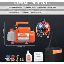 Vevor Vakuumpumpe 4CFM 113L/min Unterdruckpumpe A2L-explosionsgeschützt 180W AC 220V/50HZ 1440U/min 55-276bar 200ml-Ölkapazität HVAC-Vakuumgeräte Verteiler-Manometer-Set Klimaanlage Kfz-Kühlsystemen