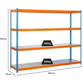 Proregal Schwerlastregal Metal Beast Four HxBxT 200x210x45cm | Fachlast 500kg | Blau-Orange Standregal Metallregal Lagerregal