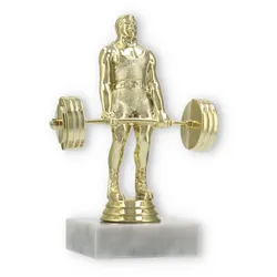 Pokal Kunststofffigur Kraftdreikampf Kreuzheben gold auf weißem Marmorsockel 15,0cm