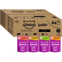 Whiskas Junior Katzennassfutter Klassische Auswahl in Sauce, 84 Portionsbeutel, 84x85g (1 Großpackung) – Hochwertiges Katzenfutter nass, für heranwachsende Katzen von 2 bis 12 Monaten