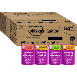 Whiskas Junior Katzennassfutter Klassische Auswahl in Sauce, 84 Portionsbeutel, 84x85g (1 Großpackung) – Hochwertiges Katzenfutter nass, für heranwachsende Katzen von 2 bis 12 Monaten