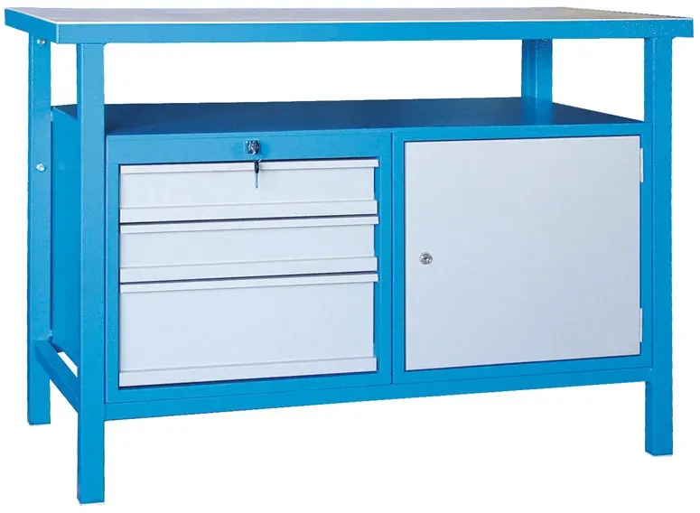 Werkbank GD, Fichte + beidseitig furniertes Fichten-Sperrholz, 3 Schubladen, 1 Schrank, 1190 x 600 x 850 mm, grau
