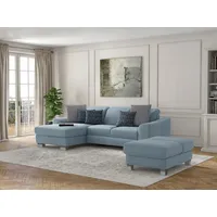 Ecksofa SIT & MORE "Dundee L-Form" Sofas Gr. B/H/T: 264cm x 86cm x 175cm, Struktur weich, Recamiere links, ohne Kopfteilverstellung-ohne Bettfunktion-ohne Bettkasten, blau (hellblau) mit Federkern und Edelstahlfüßen, wahlweise Kopfteilverstellung