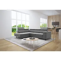 thematys Ecksofa LUNA L mit Schlaffunktion & Bettkasten – aus Velours oder Cord Stoff, mit 5 verstellbaren Kopfstützen, – L-Form 250×183 cm – Schlafsofa mit Auszug grau