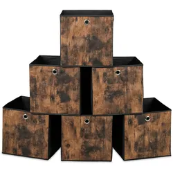 Relaxdays Aufbewahrungsbox, 6er Set, HxBxT: 30x30x30 cm, Stoff, Holzoptik, Griffloch, faltbare Regalboxen, schwarz/braun
