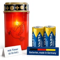 Fachhandel Plus LED Grablicht mit Timer 6/18 Std Motivwahl Grabkerze LED mit Batterie inklusive 2x Varta Longlife C LR14 für Friedhof Gedenkplatz und Außenbereich (Rot, Taube)