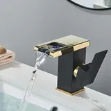 Led-wasserfall-waschtischarmatur – Schwarz-goldene Waschtischarmatur – Goldene Waschtischarmatur – Vintage-armatur – Messing – Crezuo