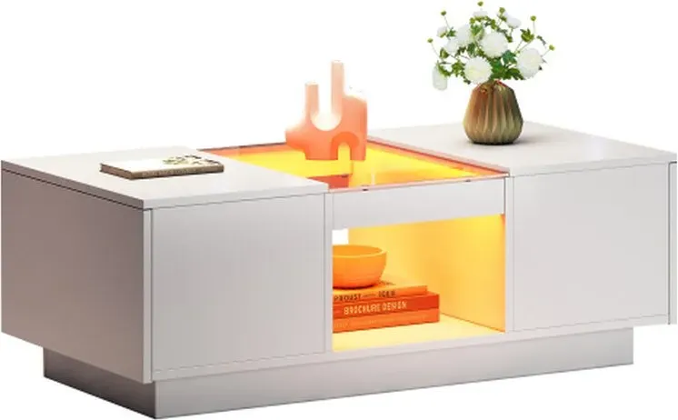 Weißer Couchtisch 100x50x35,5 cm – mit Glasverkleidung, LED-Beleuchtung, App-Steuerung, 2 Schubladen und 1 offenem Fach