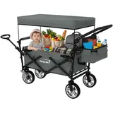 Hauki Bollerwagen faltbar mit Dach, Handwagen klappbar für Kinder, Strand, Picknick, Camping & Garten, 2 in 1 Transportwagen bis 120 kg, Reifen mit Bremse, Gerätewagen mit Tasche & Abdeckung, XXL Grau