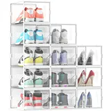 MYHMCT Schuhboxen Stapelbar, 12er Pack Schuhkartons, Transparenter Kunststoffboxen, Schuh-Organizer aus Kunststoff, bis Größe 46