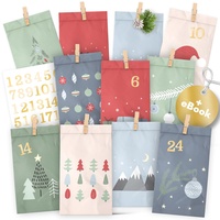 AMARI ® Adventskalender Nr.08 zum Befüllen Pastell Mix - 24 Papier Adventstüten (mit Holzklammern) Papier Weihnachtstüten