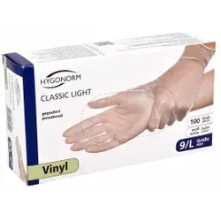 Hygonorm® Vinylhandschuhe Classic Light, gepudert, transparent, Einweghandschuh ist nur für Kontakt mit nicht-fettenden Lebensmitteln geeignet, 1 Packung = 100 Stück, Größe L