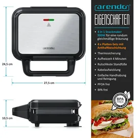 Arendo Sandwichmaker 3-in-1, 900 W, Cool Touch, Antihaft, BPA frei,