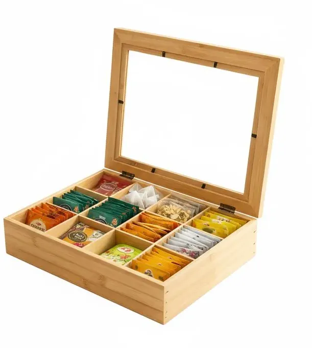 Relaxdays Bambus Teebox mit 12 Fächern Hellbraun,Transparent