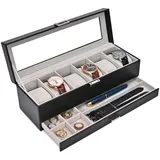 LuxusKollektion Uhrenbox Uhrenbox 6 Fächer Glasdeckel 2 Ebenen Uhrenkissen 6-Slot Schwarz schwarz