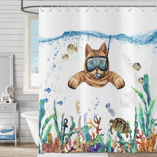 Hnmdmyi Duschvorhang Lustig Katze 180x200, Cute Kätzchen Schwimmen in Teal Blauen Ozean Badewanne Vorhang Meeresschildkröte Tropische Fische Quallen Seestern Korallen Nautischen Kinder Badevorhang