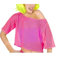 SamHeng 80er Mesh Fischnetz Crop Top T-Shirts für Damen Neon Rosa Netzshirt Kleidung Kostüm Neon Accessoires Thema Party Karneval Damen Frauen - as