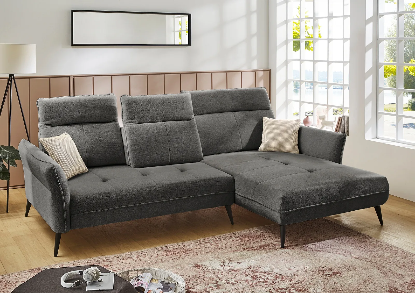 Ecksofa JOCKENHÖFER GRUPPE "Aversa L-Form" Sofas Gr. B/T: 285cm x 117cm, Chenille, Ottomane beidseitig montierbar, grau (dunkelgrau) Sitztiefen-und Kopfteilverstellung, Ottomane linksrechts montierbar