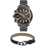 Diesel Herren Griffed Grau Edelstahl-Uhr und Stackables Schwarzes Lederarmband, Set