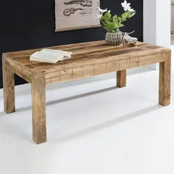 Kadima Design Rustikaler Couchtisch: Recyceltes Mango-Holz, Shabby-Chic-Design, robust, Klarlack-Beschichtung, große Tischplatte. Beige