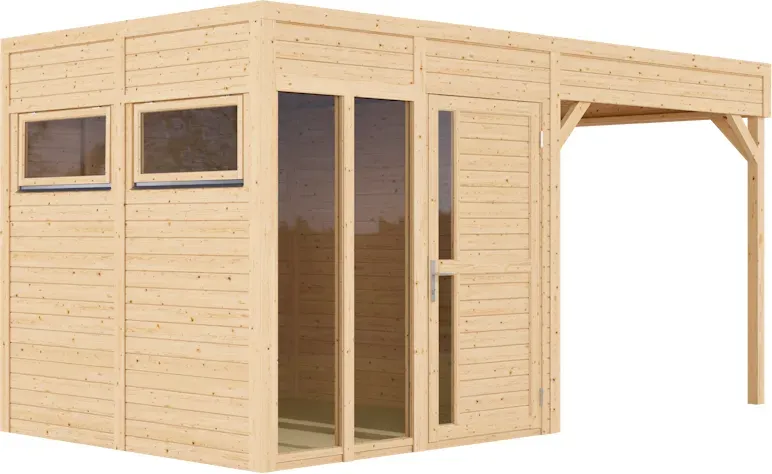 Bertilo Element-Gartenhaus Cubus 2 Office inkl. Lounge-Anbau - 19 mm naturbelassen Cubus 2: 226 x 234 cm
