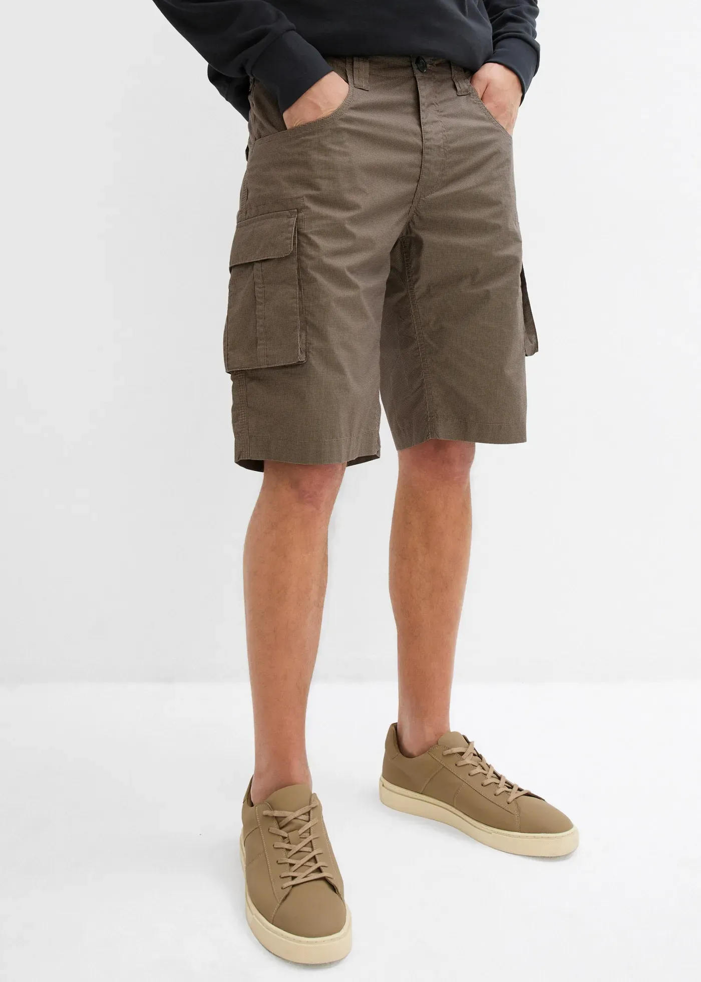 Cargobermudas BONPRIX, Herren, Gr. 66, N-Gr, khaki kariert, Web, Obermaterial: 100% Baumwolle, relaxed fit, Hosen, aus Baumwolle, Relaxed Fit, mit Minimalmuster, im Casual Stil