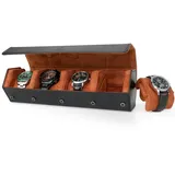 HELMDY Uhrenrolle 4 Uhren, Uhrenbox 4 Uhren für Herren, Uhrenaufbewahrung 4 Uhr, Tragbare Reise Uhrenbox PU Leder Watch Box(Schwarz/Braun)